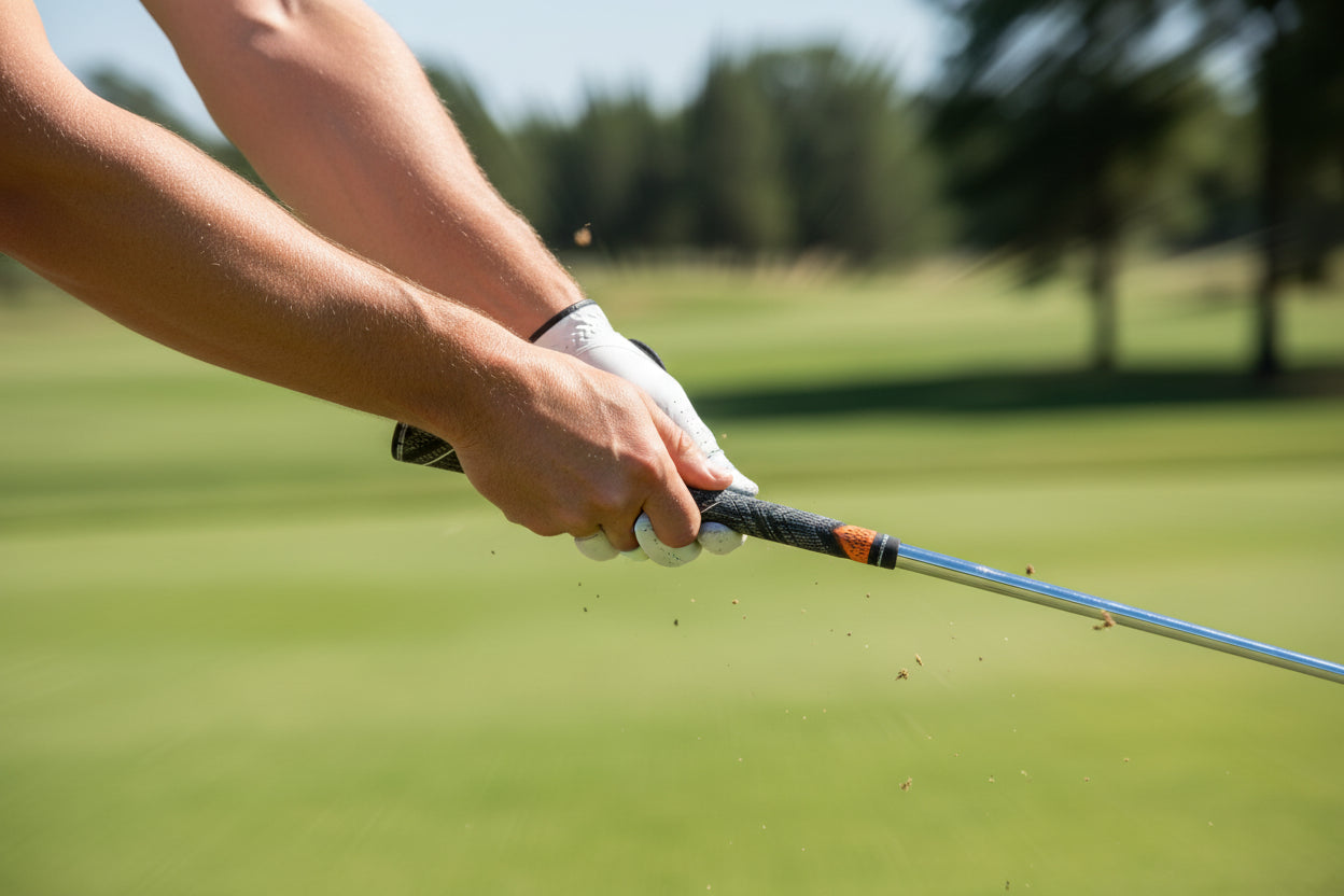 Close up picture of a golfer holding a golf club with relaxed grip
